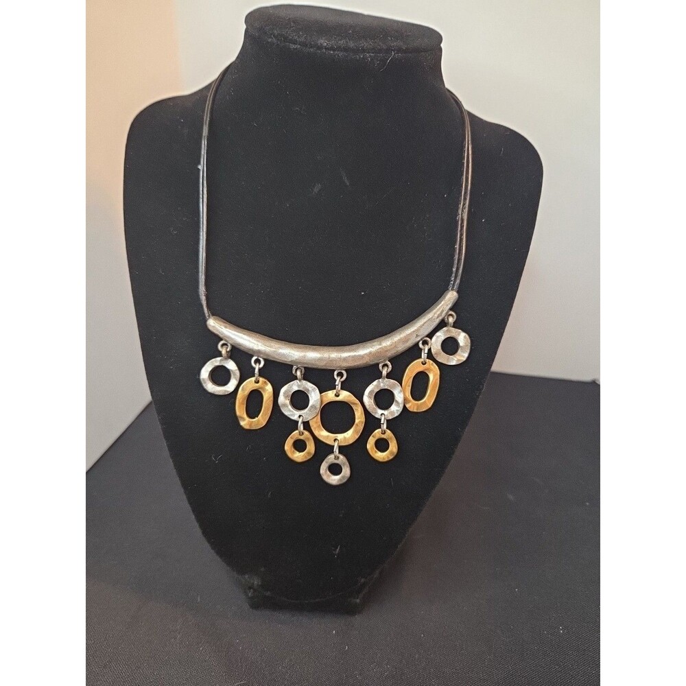Chico's Chain Bib Style Necklace Silver and Brushed Gold Tone Dangles 16-20"